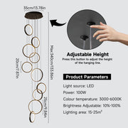 Garwarm 10 Rings Modern LED Chandelier, Dimmable Black Pendant Light, Adjustable Height 133.86 in, 3000-6500K
