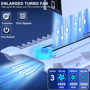 Qixun Tech PS5 Stand Cooling Fan with Dual Controller Charger Dock and Headset Holder, White, Compatible with PS5 Slim Digital Disc Pro, Q183
