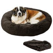 Best Friends by Sheri Bundle Set The Original Calming Shag Donut Cuddler Cat and Dog Bed + Pet Throw Blanket, Dark Chocolate, Extra Large, 45x45