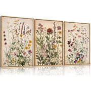 TOARTi Vintage Wildflower Watercolor Framed Canvas Wall Art Set, Retro Botanical Floral Painting, Wood-Colored Frame, 16x24 in, Pack of 3