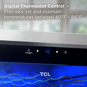 TCL Wine Cooler, 24 Bottle Capacity, 2.4 Cu Ft, Stainless Steel, Adjustable Temperature 40-66F, LED Lighting, Freestanding, TRW24F6AS