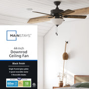HKC 10455 Mainstays 44 in Black Indoor Ceiling Fan with Light, 5 Reversible Blades, Three-Speed Pull Chain