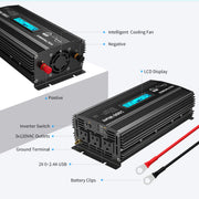 Voltworks 1000W Pure Sine Wave Power Inverter, DC 12V to AC 110-120V, 3 AC Outlets, 2.4A Dual USB Ports, LCD Display, Black, VS-1000PB
