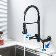 GULICA Wall Mount Kitchen Faucet, 8 Inch Centerset, Pull Down Sprayer with Three Functions, Double-Lever Handle, Commercial Matte Black