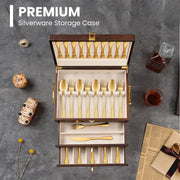 Honiway Wooden Silverware Storage Box, 3-Layer Flatware Case with Drawer, Walnut Finish, Linen Liner, Handle