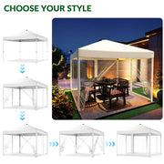 Vecukty 10'x10' Pop-Up Canopy Tent with Detachable Mesh Sidewalls, Remote-Controlled 8-Color LED Lights, Solar USB-C Dual Charging, Waterproof UV-Resistant White