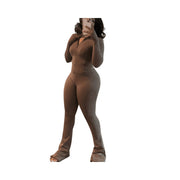 ZenithTrend Womens Activewear Set, Bodycon Long Sleeve Crop Top, High Waist Flared Pants, Stretchy Spandex Blend, Brown