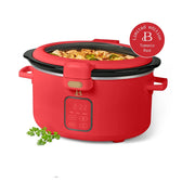 Beautiful 29277 4 Qt Digital Slow Cooker with Spill-Proof Hinged Locking Lid, Stainless Steel, Tomato Red, 3 Heat Settings, 4 Timer Options, 29277