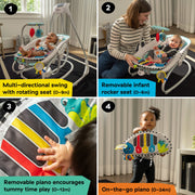 Baby Einstein Ocean Explorers Kick to It 4-in-1 Musical Swing & Rocker with Detachable Piano Toy, Adjustable Speeds, Reclining Seat, Multi