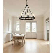 MMUPFH Farmhouse Wagon Wheel Chandelier, 8-Light Matte Black Metal Pendant with Adjustable Height