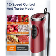 Vewior Immersion Blender Handheld 1000W 5-in-1 Multi-Function Set with 12 Speeds, BPA-Free, Stainless Steel Blades, Red, BLD0004-R