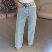 CassandraHayley Womens High-Waisted Rhinestone Washed Jeans, Full Rhinestone Detailing, Straight-Leg, Soft Stretch Denim