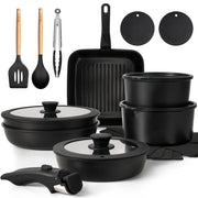 Kikcoin 21-Piece Non-Toxic Nonstick Cookware Set with Removable Handles, Induction Compatible, Black, KCWS02BK06D22