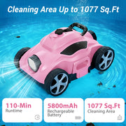 WRAKTOL Cordless Robotic Pool Cleaner, Strong 50W Suction, 110 Min Runtime, Up to 1077 Sq Ft Coverage, Self-Parking, Pink