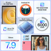 Tedupee 10 Inch Android Tablet, Quad-Core Processor, 4GB RAM, 32GB Storage, 1TB Expandable, 1280x800 IPS Display with Anti-Blue Light, 6000mAh Battery, WiFi 6, Bluetooth Purple