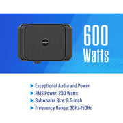 Jensen JW6A Underseat Amplified Subwoofer, 600-Watt Class D Amplifier, Compact 6-Inch Slim Design