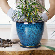 Ordivic 8 Inch Blue Ceramic Planter with Reactive Glaze, Drainage Hole, and Matching Saucer