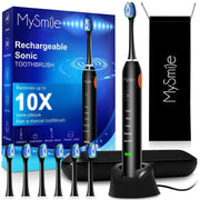 MySmile V34  Rechargeable Sonic Electric Toothbrush for Adults, Enamel Safe, 5 Cleaning Modes, 6 Replacement Heads, Black, V34