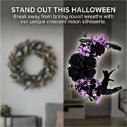 Magical Halloween Moon Cat Crescent Wreath with Light-Up Purple Floral Accents and Gothic Black Rose, Elegant Hanging