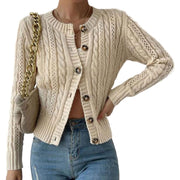 Alsol Lamesa YS12272 Women's Cable Knit Cardigan Sweater, Crew Neck, Button Down, Long Sleeve, Loose Fit, M, Apricot