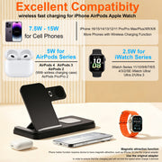 SOLPOWBEN 3-in-1 Wireless Charging Station, 15W Fast Charger for iPhone 8 and Newer, Apple Watch SE to Series 11, AirPods Pro and AirPods, Black