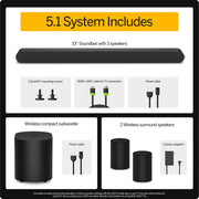 VIZIO 5.1 Soundbar System with Dolby Atmos, Wireless Surround Speakers, Compact Subwoofer, QuickFit Compatible, Black, SV510XW-0906