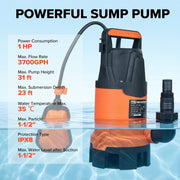 Prostormer 1HP Submersible Water Pump, 4200GPH High Flow, Auto Float Switch, Handles Solids Up to 1.5 Inches, IPX8 Waterproof Motor, 25mm/32mm Hose Connection