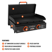 Blackstone Adventure Ready Portable Griddle, 2-Burner, 22 in Propane Flat Top Grill with Hard Cover, Black, 2484