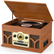 RetroAudio 10-in-1 Turntable with 3-Speed Record Player, Bluetooth, CD Player, Cassette Tape, AM/FM Radio, USB Playback, Built-in Speakers, Mahogany Finish