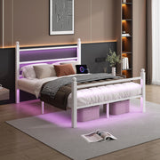 Chuangshuo Guard Full Size Metal Bed Frame with LED Storage Headboard Shelf, USB Port, Noise-Free, White