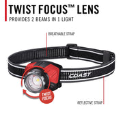 Coast FL85R Rechargeable LED Headlamp, 1250 Lumens, Tri-Color White/Red/Green, Twist Focus, Built-In Battery, Black/Red, 31161