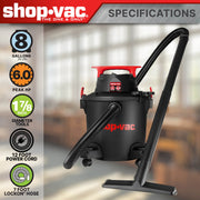 Shop-Vac 8 Gallon Wet/Dry Vacuum Cleaner, 6.0 Peak HP Motor, Stainless Steel Tank, 1-7/8 in Hose, 7 ft Hose Length, 12 ft Power Cord, HL14-C550