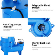FOTING Submersible Sewage Pump, Heavy-Duty Cast Iron, 1.5HP PSC Motor, 9000 GPH, 2