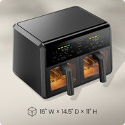 Chefman TurboFry 9-Quart Dual Basket Air Fryer, 4 Cooking Functions, 450F Max Temp, Black, RJ38-45DB