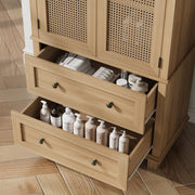 Homfa Bathroom Storage Cabinet with Rattan Doors, 2 Drawers, Adjustable Shelves, Oak Finish, 64.1 in Height X031-D20