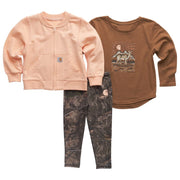 Carhartt CG9957 Baby Girls French Terry Bomber Jacket, Long-Sleeve T-Shirt, Camo Leggings 3-Piece Set, Brown