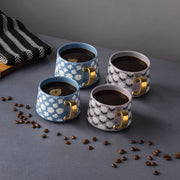 Thyme & Table 4 Pack Blue and Purple Daisy Print Teacup Mugs with Gold Handles 11.8 fl oz, Stoneware - Microwave Safe