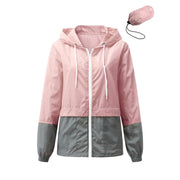 Rosvigor Womens Waterproof Raincoat, Lightweight Colorblock Windbreaker, Hooded Jacket with Pockets, Mid-Length, Pink