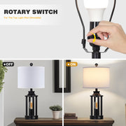 Cinkeda Modern Table Lamp Set of 2 with USB Charging Ports, 3-Way Dimmable Nightlight, Black Metal Frame, White Linen Shade, Industrial Style, 23.5 in, WMTD-485
