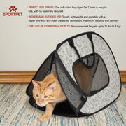 SportPet Designs Pop-Open Soft-Sided Cat Carrier, Collapsible, Lightweight, Mesh Ventilation, Secure Zippers, Beige with Cat Print, 20 in, 22128783