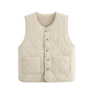 Panan Women Casual Quilted Fleece Lined Crew Neck Button-Front Vest with Patch Pockets,  Off-White and Brown, XXL