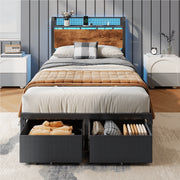 Satifur Twin Bed Frame with 2 Storage Drawers, Storage Headboard, RGB LED Lighting, Built-In Charging Station, Metal Platform, Red, 18104121467