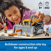 LEGO City Yellow Bulldozer Construction Site Building Set, 682 Pieces, Includes Minifigures and Working Blade Controls, Ages 8+