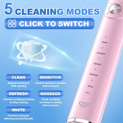 JTF P200 Sonic Electric Toothbrush for Adults and Kids, 5 Modes, 40,000 VPM, IPX7 Waterproof, Wireless Charging, 6 Brush Heads, Pink, Travel Case
