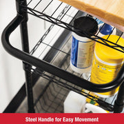 Rubbermaid 85031B 3-Tier Heavy Duty Black Rolling Utility Cart with Solid Wood Top, 300lb Capacity