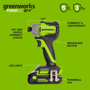 Greenworks PowerAll 24V Brushless Impact Driver, 1,900 In-Lb Torque, 2.0 Ah USB-C Battery, 30W USB-C Charger, 3' 100W USB-C Cable, Belt Clip, ID3200