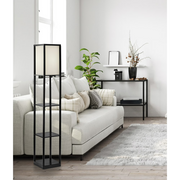 Mainstays JF5311BK 62 Inch Floor Lamp With Black Plastic Shelves and Sustainable White Fabric Shade