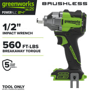Greenworks Pro 24V Cordless Impact Wrench, Brushless Motor, 560 ft-lb Breakaway Torque, 1/2 Inch, Compact Design, 3-Speed Settings, IW5550A1