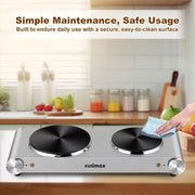 Cusimax Electric Hot Plate Double Burner, 1800W, Stainless Steel, Cast Iron Cooktop, Silver, CMHP-B201S