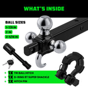 Rhino USA Trailer Hitch Tri-Ball Mount with Hook, Shackle & Locking Pin, 2-Inch Receiver, Black